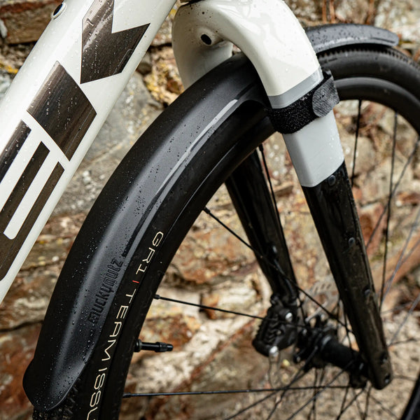 Zennor Front Gravel Guard side view shown fitted with non-slip fasteners.